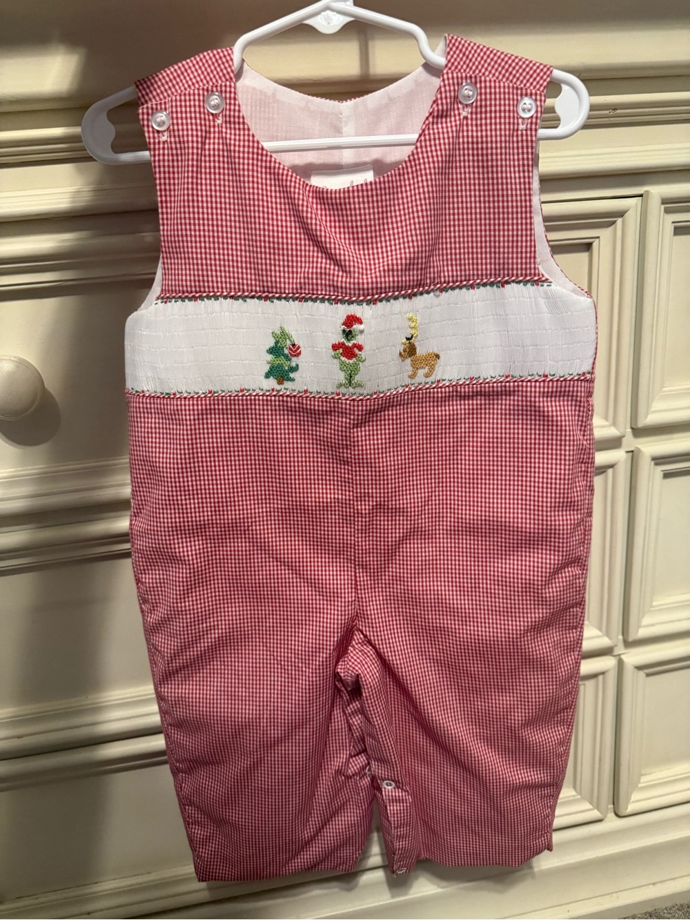 Red Gingham Kids One-Piece with Holiday Smocked Detail